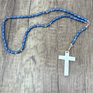 Vintage‎ Rosary Blue Beads Religious Cross Pendant Prayer Necklace Plastic